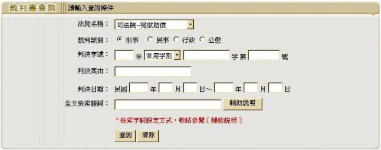 圖 12  司法院法學資料檢索之「裁判書查詢」系統檢索畫面  資料來源：司法院法學資料檢索系統之截圖  (3)裁判書查詢系統  在「裁判書查詢」系統中收錄了除了簡易庭之外，台灣各級法院刑民事、行政訴訟 及公務員懲戒委員會的判決書。檢索欄位分為法院名稱、裁判類別、判決字號、判決案 由、判決日期、全文檢索語詞(參見圖 12)，其中，法院名稱及裁判類別是必要檢索條件， 其他的欄位可用來縮小查詢範圍；顯示之欄位請參見表 2。  圖 13  司法院法學資料檢索之「簡易案件查詢」系統檢索畫面  資料來源：司法院法學資料