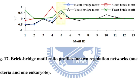 Fig. 17. Brick-bridge motif ratio profiles for two regulation networks (one  bacteria and one eukaryote)