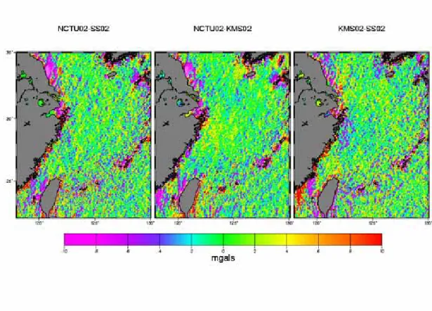 Fig. 2: Differences between NCTU02, SS02 and KMS02  global gravity anomaly  grids. 