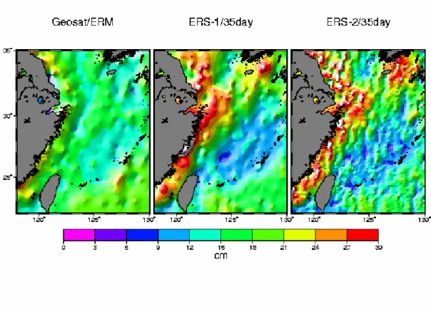 Fig. 3: Standard errors of sea surface heights from the Geosat/ERM, ERS-1/35 day and  ERS-2/35 day repeat missions