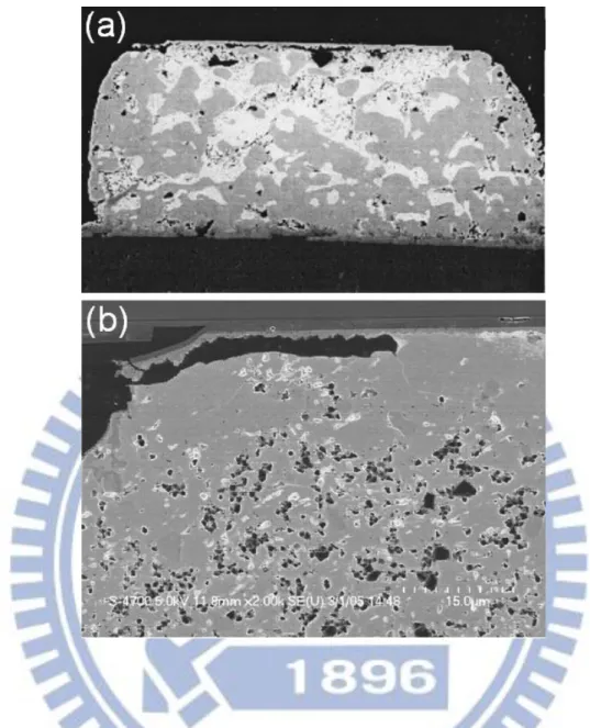 Figure 1-5 (a) The SEM image of a sequence of void formation and propagation in a  flip-chip eutectic SnPb solder bump stressed at 125 °C and 2.25 × 10 4  A/cm 2  for 40 h