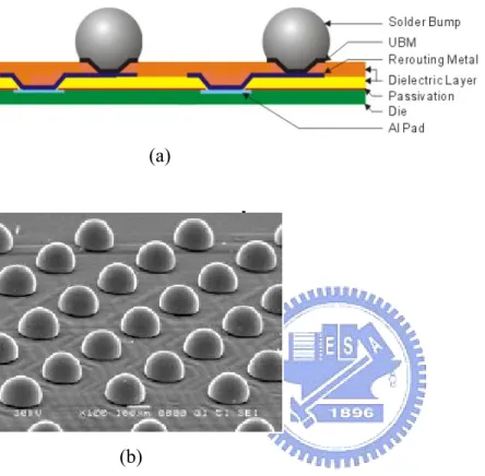 Fig. 4    (a) A schematic diagram of a bumped die. (b) SEM image of a bumped die. 