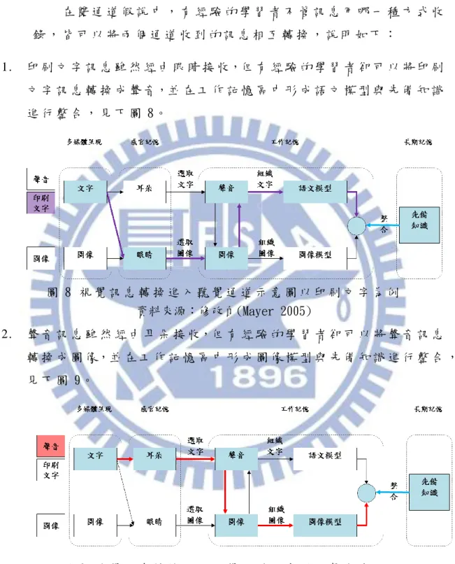 圖 7  聽 覺 通 道 示 意 圖 以 聲 音 為 例   資料來源：修改自(Mayer 2005)  在 雙 通 道 假 說 中 ， 有 經 驗 的 學 習 者 不 管 訊 息 用 哪 一 種 方 式 收 錄 ， 皆 可 以 將 兩 個 通 道 收 到 的 訊 息 相 互 轉 換 ， 說 明 如 下 ：   1
