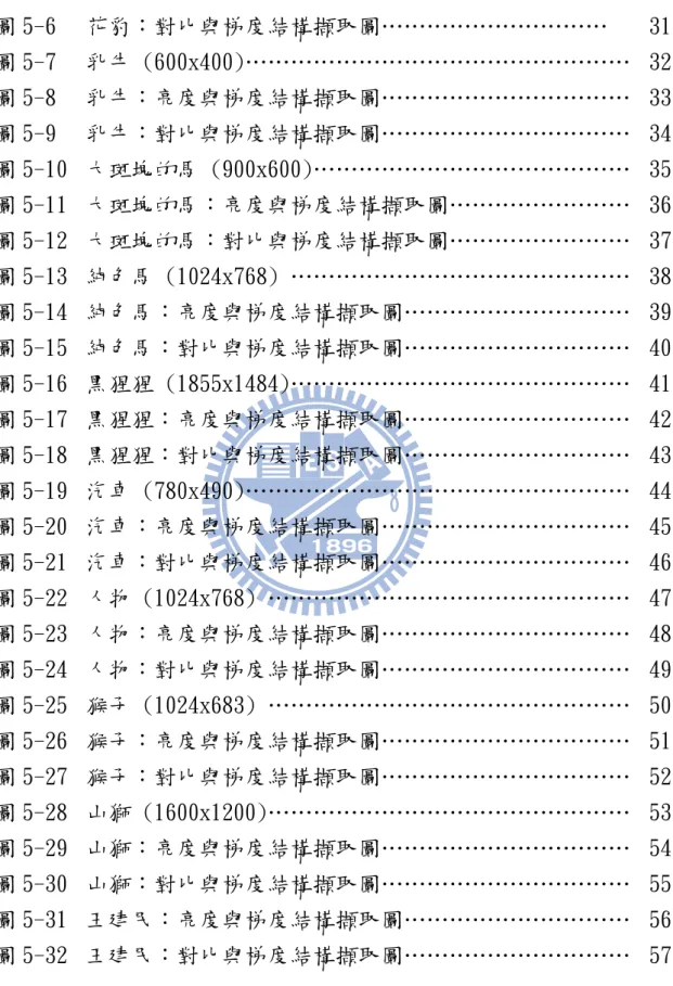 圖 5-6  圖 5-7  圖 5-8  圖 5-9  圖 5-10  圖 5-11  圖 5-12  圖 5-13  圖 5-14  圖 5-15  圖 5-16  圖 5-17  圖 5-18  圖 5-19  圖 5-20  圖 5-21  圖 5-22  圖 5-23  圖 5-24  圖 5-25  圖 5-26  圖 5-27  圖 5-28  圖 5-29  圖 5-30  圖 5-31  圖 5-32  花豹：對比與梯度結構擷取圖…………………………  乳牛 (600x400)…………………