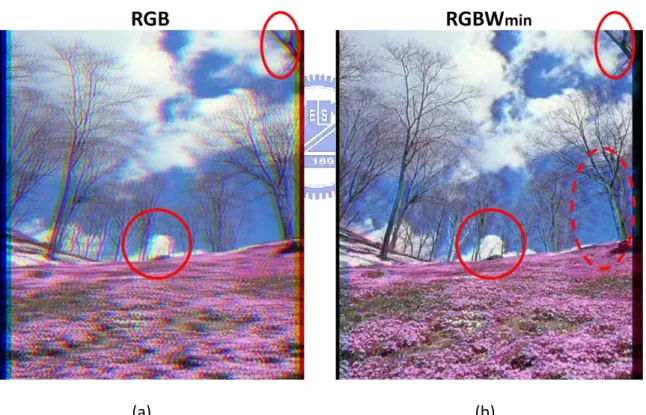Fig. 3.2 The CUB simulation images by using (a) RGB and (b) RGBW min  methods 