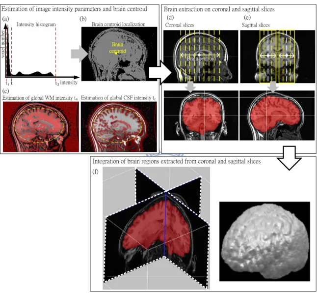 Figure 2.1: Flowchart of the brain extraction method. (a) The effective intensity range [