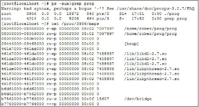 Figure 2-1 觀察使用者程式內的虛擬記憶體區段配置  採用 MMAP 做行程通訊的一個顯而易見的好處是效率高，因為使用者程式 可以直接讀寫核心程式所配置的記憶體，而不需要做任何資料的拷貝。對於像 IOCTL 或 /PROC 檔案系統等方式在做行程通訊時，皆須將資料寫入共享記憶 體，然後才能將資料從共享記憶體讀出或寫入目的記憶體，這樣的拷貝動作會 影響到系統效能，所以 MMAP 會比較滿足本論文的需求。 