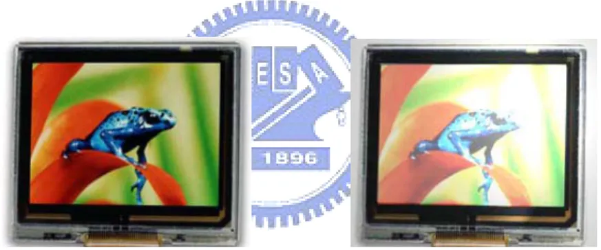 Fig. 1.5 Photos of an OLED display at the indoor and outdoor environments. 