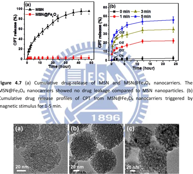 Figure  4.7  (a)  Cumulative  drug‐release  of  MSN  and  MSN@Fe 3 O 4   nanocarriers.  The  MSN@Fe 3 O 4   nanocarriers  showed  no  drug  leakage  compared  to  MSN  nanoparticles.  (b)  Cumulative  drug  release  profiles  of  CPT  from  MSN@Fe 3 O 4  n