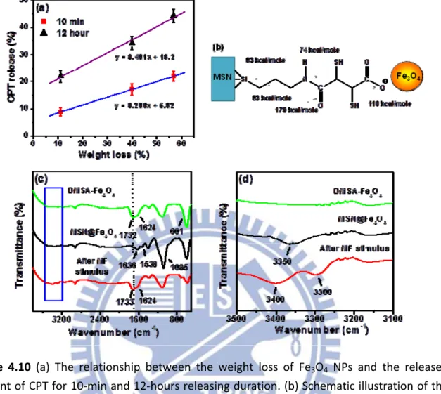 Figure  4.10  (a)  The  relationship  between  the  weight  loss  of  Fe 3 O 4   NPs  and  the  released  amount of CPT for 10‐min and 12‐hours releasing duration. (b) Schematic illustration of the  chemical  bonding  between  Fe 3 O 4   NPs  and  MSN.  (c
