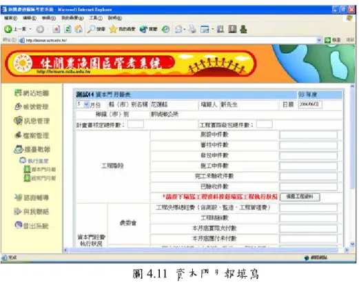 圖 4.11  資本門月報填寫  填寫完上半部工程階段件數部分時，必須先按下填寫工程資料鈕，去填寫相關工程的資 料。並依照各項工程的進程填寫。按下填寫工程資料按鈕後，跳出畫面如圖 4.12 所示。  圖 4.12  資本門月報-工程資料填寫  填寫工程資料完成後，按下送出即可將文件呈送至縣市使用者。系統並自動發出電子郵 件通知縣市使用者園區已將上月填寫之資本門月報表填寫完成送出，請縣市人員進速進入系 統確認月報表的填寫無誤。縣市人員進入系統後，點選擂台戰報中的資本門月報表即可對報 表進行確認，確認無誤後按下
