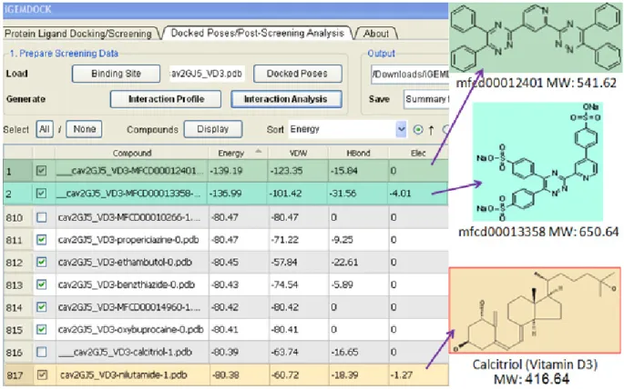 Figure 3. The biased ranking of compounds in virtual screening (molecular docking). Unknown  compounds MFCD00012401 (green color) MFCD00013358 (teal green color) are ranked much  higher than Vitamin D3 (ranked 816) due to their energy and molecular weight
