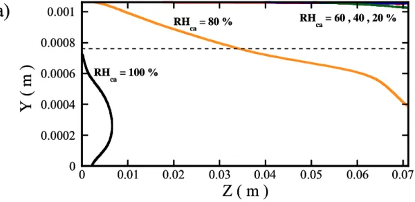 Figure 3.1    Effects of relative humidity of cathode on the location of the interface  where liquid water begins to condense along the conventional flow  channel at a cell operating voltage of 0.7 V