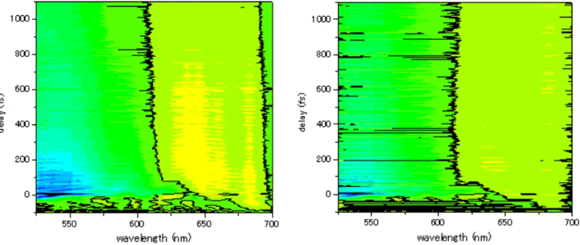 Fig. stepscan-1. Time-resolved difference absorption spectra (∆A) obtained  by  the  step-scan  method  scanning  delay  forward  (left)  and  backward  (right)