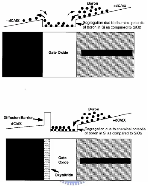 Fig. 1-11 The schematic of boron diffusion from the heavily doped p ＋ ＋ ＋ ＋ -gate into 