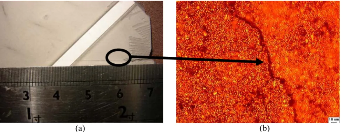 Figure 2. (a) The visual length of a diagonal edge crack is about 70mm. (b) The width of the crack is less than 5 μm,  measured by Axioskop 40 POL microscope
