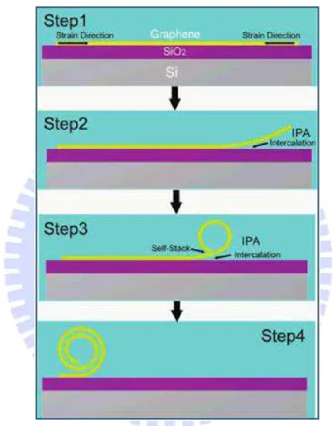 Figure  7  Schematic  representation  of  the  formation  of  CNS.  Step1:  surface  strain  is  induced in graphene after it is immersed in IPA solution
