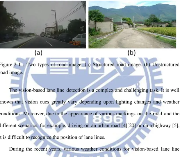 Figure 2-1  :  Two  types  of  road  image.  (a)  Structured  road  image.  (b)  Unstructured  road image