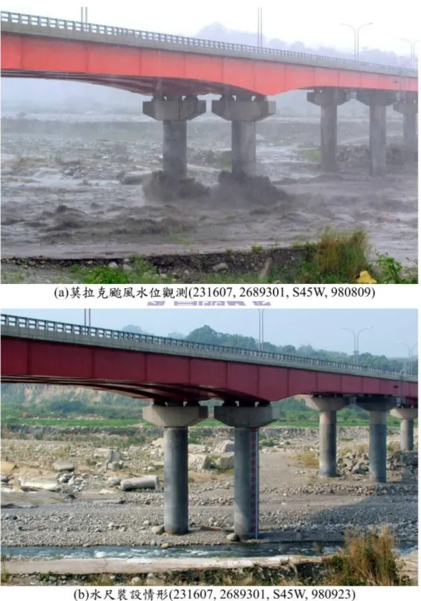 圖 3.7 卓蘭大橋洪颱水位觀測與水尺裝設 