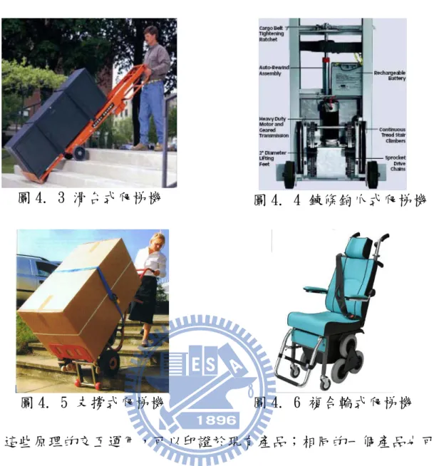 圖 4. 3 滑台式爬梯機    圖 4. 4 鍊條鉤爪式爬梯機  圖 4. 5 支撐式爬梯機  圖 4. 6 複合輪式爬梯機          這些原理的交互運用，可以印證於現有產品；相同的一個產品也可以 被數個設計原理印證。同時也推展出一些尚未被運用的概念，這些將要運 用的原理將於 4.1.3 節繼續展開與討論。  4.1.3  以 QFD 再設計驗證爬梯機 將 4.1.1 節所展開的品質屋，搭配 TRIZ 所引導出的設計想法及市面上 現有產品，再補充技術矩陣表 4