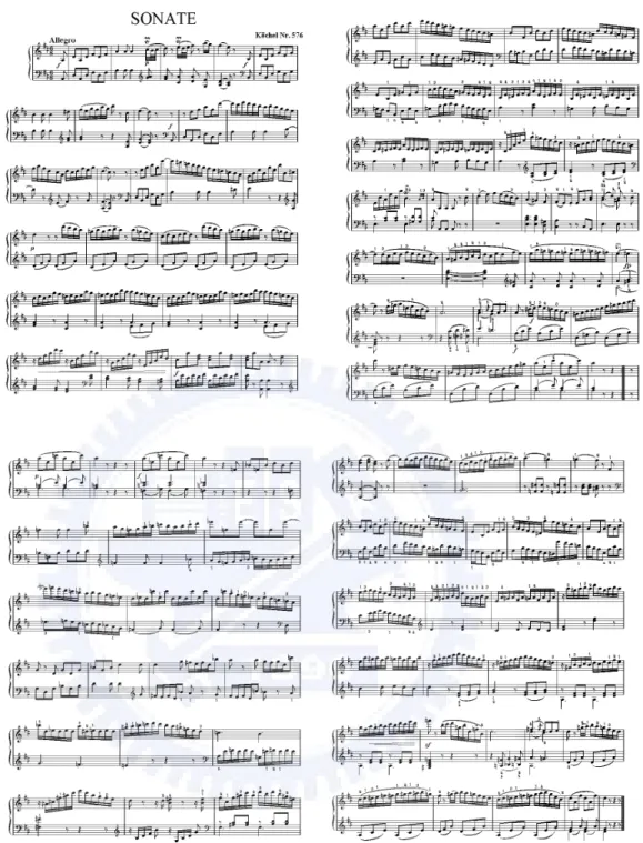 圖 2.2.3.1  樂曲 SONATE 之樂譜（節錄自網路搜尋）  (3)  將步驟(1)所標記的連續音符，對應標記於步驟(2)的雙排方格列內，在此僅 保留連續音符的長度特性，而將其音符數量、音高等差異省略。所得結果如圖 2.2.3.2  (4)  將方格帶列透印於紙上，剪下而成雙面之雙排方格帶  (5)  將方格帶上完全相同的標記（連續畫記方格之長度）相黏貼，成為一具有 多處相連之紙圈環（圖 2.2.3.3、圖 2.2.3.4）