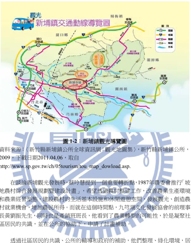 圖 圖 圖 圖 1-2：：： ：新埔鎮新埔鎮新埔鎮 新埔鎮觀光導覽圖觀光導覽圖觀光導覽圖 觀光導覽圖  資料來源：〈新竹縣新埔鎮公所全球資訊網：觀光地圖集〉，新竹縣新埔鎮公所， 2009，下載日期2011.04.06，取自 http://www.sp.gov.tw/ch/05tourism/tou_map_dowload.asp