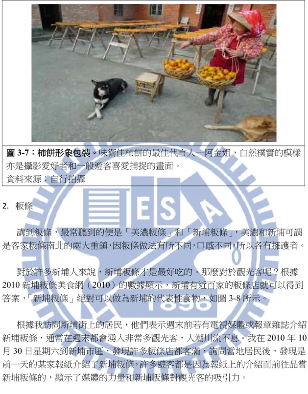 圖 圖圖 圖 3-7：： ：柿餅形象包裝：柿餅形象包裝柿餅形象包裝 柿餅形象包裝。。。 。味衛佳柿餅的最佳代言人─阿金姐，自然樸實的模樣 亦是攝影愛好者和一般遊客喜愛捕捉的畫面。  資料來源：自行拍攝  2