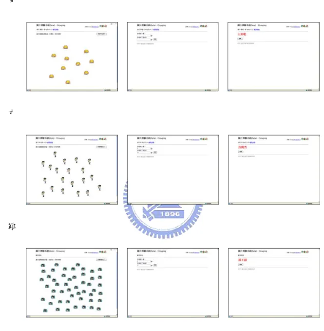 圖 4.1.4： 群 組 數 量 估 計 練 習 題  易           中           難           二 、 乘 法 估 計 組 ：   1.教 學 策 略 ： multiplication  2.教 學 設 計 ：   與 群 組 估 計 組 利 用 相 同 軟 體 ， 製 作 教 學 動 畫 檔 。  3.教 學 活 動 ：   (1)播 放 教 學 動 畫 檔 ， 如 圖 4.2.1：  