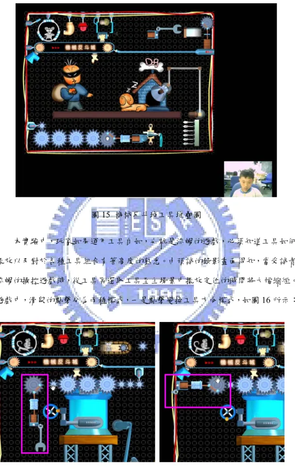 圖 15  機械反斗城工具堆疊圖          本實驗中，玩家如果運用工具自如，也就是流暢的遊戲，必須知道工具如何 擺放以及對於各種工具組合有著高度的熟悉。由預試的錄影畫面得知，當受試者 流暢的操控遊戲時，從工具區選取工具至主場景中擺放定位的時間將大幅縮短。 遊戲中，滑鼠的點擊分為兩種模式，一是點擊變換工具方向模式，如圖 16 所示：  圖 16  機械反斗城工具點擊變換方向圖 