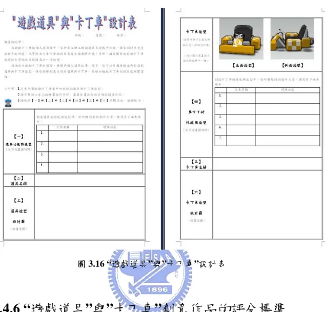 圖 3.16 “遊戲道具”與”卡丁車”設計表  3.4.6 “遊戲道具”與”卡丁車”創意作品的評分標準  評定”遊戲道具”與”卡丁車”創意作品標準，分為「流暢力」、「變通力」 與「獨創力」三種，分項說明如表 3.6：  表 3.6 ”遊戲道具”與”卡丁車”創意作品標準表  遊戲道具  卡丁車  流暢力  分數  以設計表中「遊戲道具功能與造型」欄位中所出現的元 素數量來計分。  以設計表中「卡丁車的性能與造型」欄位中所出現的元素數量來計分。  變通力  參考「新編圖形創造思考 參考「新編圖形創造思考