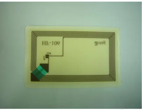 圖 5.5    ISO 15693 型 HF13.56MHz  電子標籤  智慧型冰桶內含主動式 UHF  433MHz 溫濕度感知電子標籤(以下以主動式電子標籤 稱之)以及主動式 UHF433MHz 讀取器(以下以主動式讀取器稱之)，主動式電子標籤可用 於偵測溫濕度資訊，並具備自動記錄溫濕度資訊之功能，但必頇裝載電池方能使用，本 研究所使用的智慧型冰桶需使用 4 號電池，所偵測之溫濕度資訊會回傳至主動式讀取器， 並於主動式讀取器上之面板顯示即時溫濕度狀況，如圖 5.6 所示。再透過溫濕度發射接 收器將冰