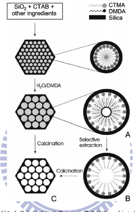 圖 2-3  利用有機物進行孔徑擴大的改質流程(Franchi et al. 2005) 