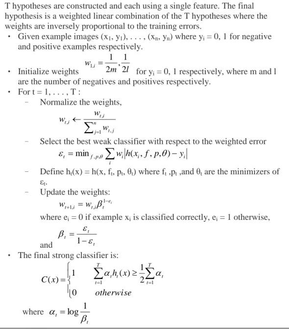 Table 3-1 The boosting algorithm for selecting and combining weak classifiers[29] 