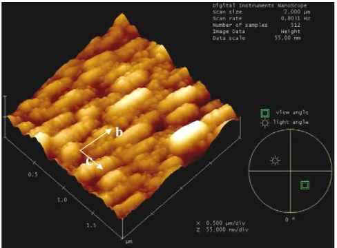 圖 2 -19(d) (100) Y 0.9 Ca 0.1 Ba 2 Cu 3 O 7-δ 薄膜樣品 AFM 圖  B.  利用時間解析激發-探測量測過摻雜的釔鈣鋇銅氧薄膜的 ΔR / R 曲線圖  利用上述製備之薄膜，我們延伸前面不同氧含量對高溫超導能隙影響的研 究，進一步研究過摻雜(overdoped)的釔系高溫超導薄膜的超導能隙和偽能隙的對 稱性問題。實驗上，我們利用極化激發-探測量測技術，來量測 Y 1-x  Ca  x  Ba  2  Cu  3  O  7-δ  (x = 0.1,0.3)超導薄
