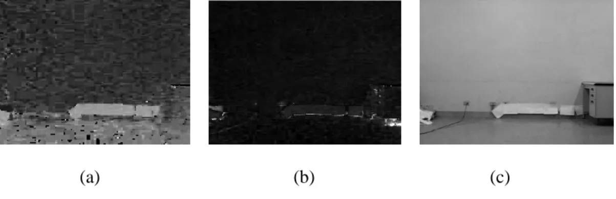 Fig. 4.3.  Background images. (a) Background image in the H component, (b)  Background image in the S component, and (c) Background image in the V  component