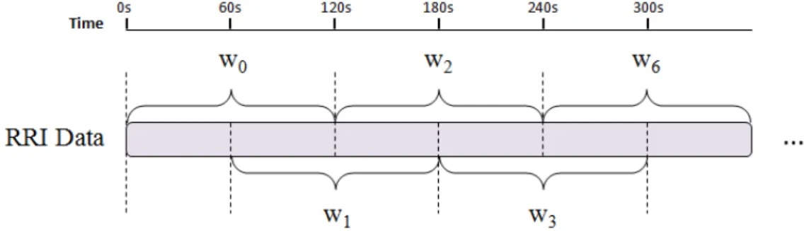 Figure 3.6  The sliding window configuration. RR intervals are divided into one  minute frames