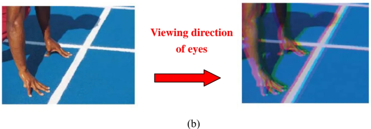 Fig. 1-3 (a) The mechanism of CBU (b) Stationary image in FSC display perceived  with CBU by eye motion 