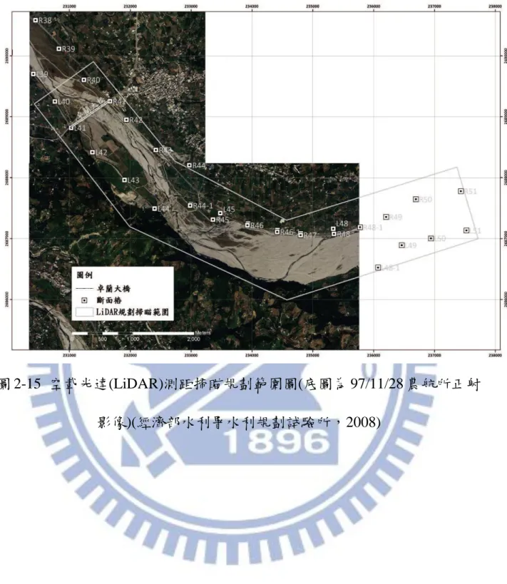 圖 2-15  空載光達(LiDAR)測距掃瞄規劃範圍圖(底圖為 97/11/28 農航所正射 影像)(經濟部水利署水利規劃試驗所，2008) 