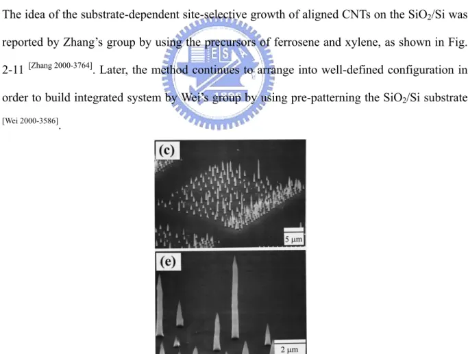 Fig. 2-10 SEM micrographs showing growth of carbon nanotube obelisks on an array of  submicron nickel dots  [Ren 1999-1086] 