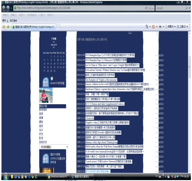 Figure 3.5 Lin’s blog: The Home Page and Entries Related to Teaching 