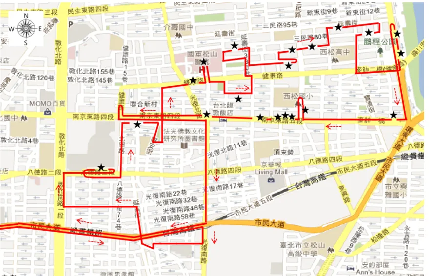 圖  15    2/1  第一趟出車松山投遞區路線與臨停點位置圖 