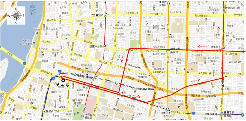 圖  18 3/12  契約客戶第一趟行駛路線與收攬停等點(1) 中心局 