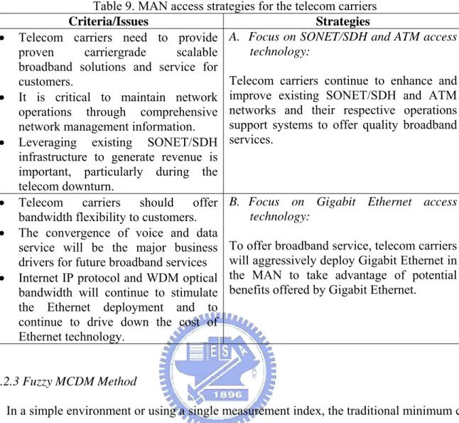 Table 9. MAN access strategies for the telecom carriers  