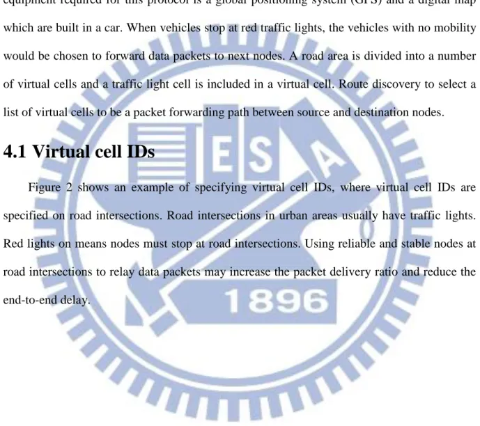 Figure  2  shows  an  example  of  specifying  virtual  cell  IDs,  where  virtual  cell  IDs  are  specified  on  road  intersections