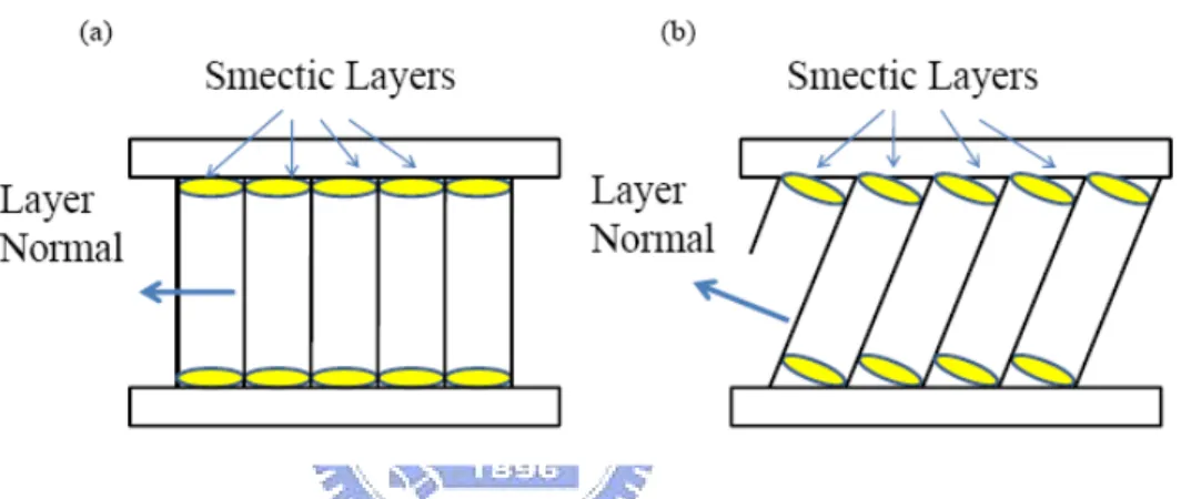 Figure 2-2. Bookshelf structure of (a) SmA and (b) ideal transition from SmA to  SmC or SmC* 