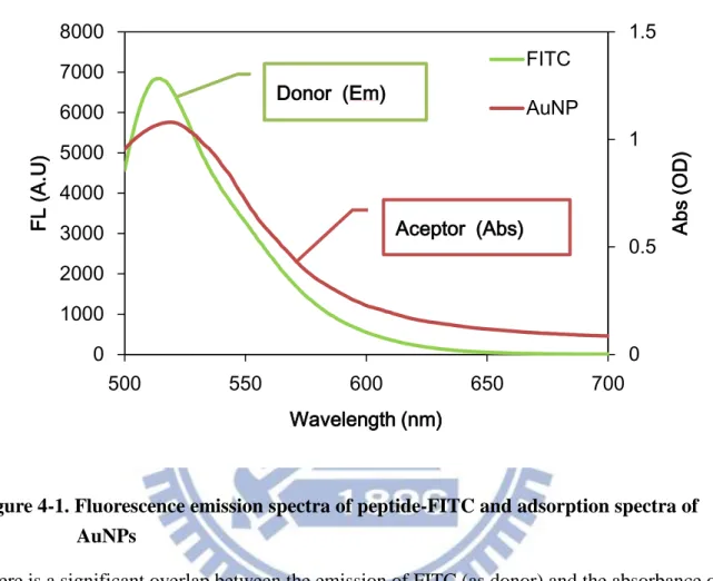 Figure 4-1. Fluorescence emission spectra of peptide-FITC and adsorption spectra of  AuNPs 