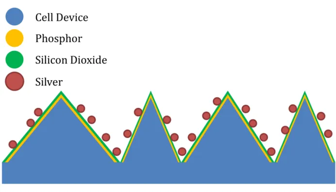 Figure 1 shows a schematic diagram of the synthesis of a micro-textured cell surface covered  with nanophosphors, SiO 2  dielectric layer, and Ag NPs (Ba 2 SiO 4 :Eu 2+ /SiO 2 /Ag NPs)