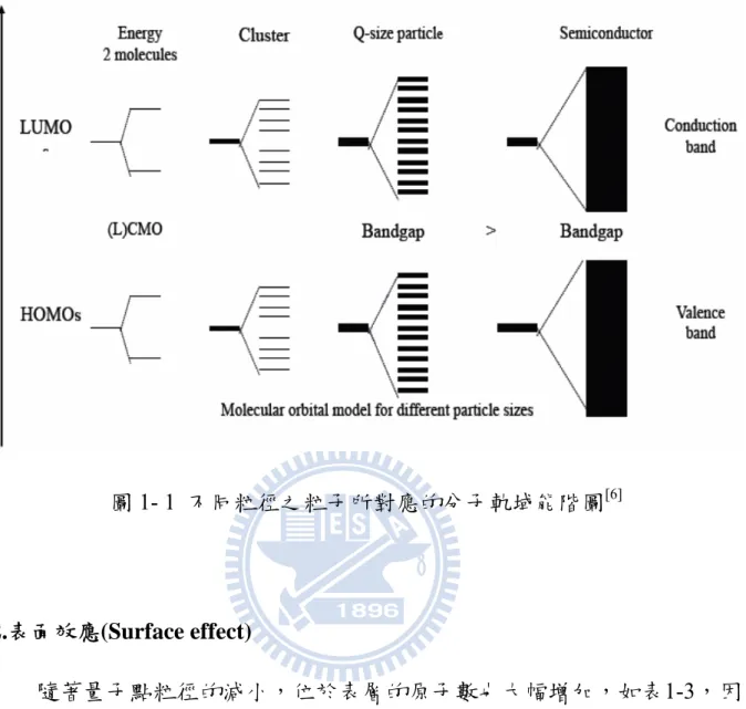 圖 1- 1  不同粒徑之粒子所對應的分子軌域能階圖 [6] 2.表面效應(Surface effect)          隨著量子點粒徑的減小，位於表層的原子數也大幅增加，如表1-3，因 此量子點的表面積/體積比會比塊材大相當多，因而具有很高表面能。也因 為表層原子數的增多，導致表層原子的配位不足、不飽和鍵和懸鍵(dangling  bond)增多，讓表層原子變得不穩定，具有高活性，容易與其他原子產生反 應。表面效應所造成的影響包括吸附性質、催化與化學性質、熔點與燒結 溫度、成品機械性質的改變。而表面缺