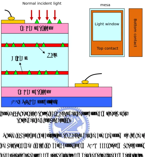 Figure 2.7: The sketch of typical QDIPs device structure and the top view  of the device after processing