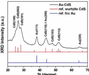 Figure 7. XRD pattern of Au-CdS nanocrystals with the reference fcc Au 